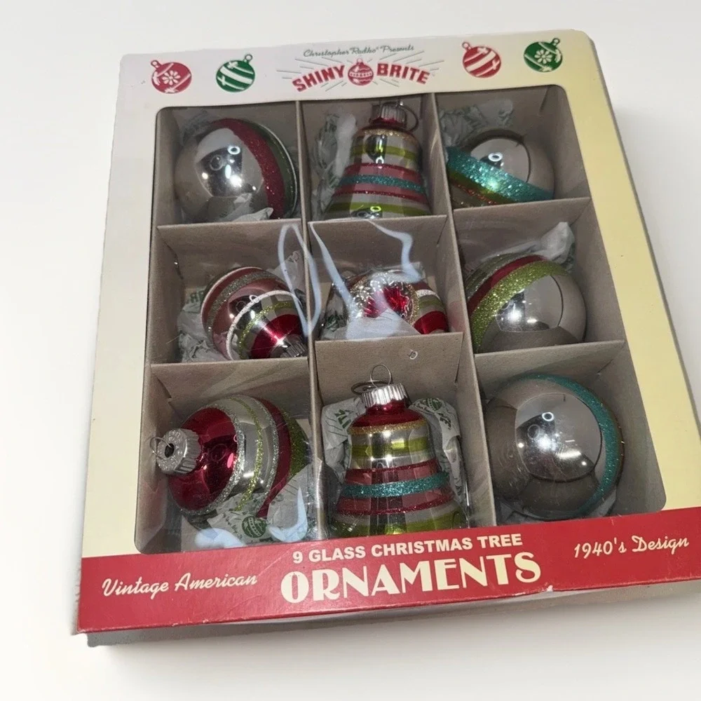 Christopher Radko SHINY BRITE Glass Ornaments Set of 9 Indents‎ Bells Striped
